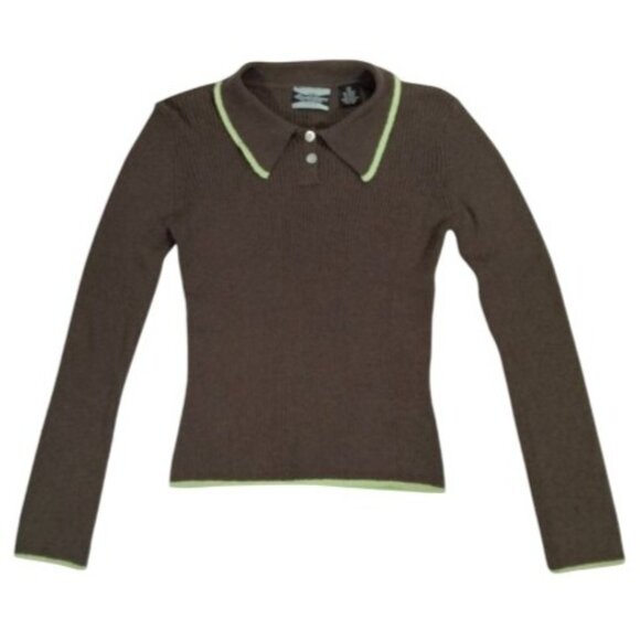 Vtg 90s Terry Cloth Sweater S Mint Green Brown Mod Gogo Preppy Twee 60s 70s Y2K - Picture 1 of 5